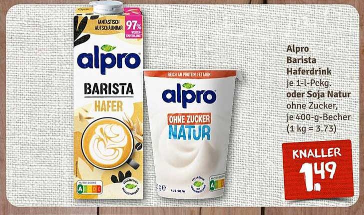 Alpro Barista Haferdrink oder Soja Natur ohne Zucker, 1 l-Packung oder 400 g-Becher