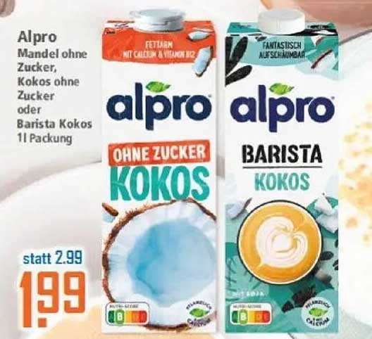 Alpro Mandel ohne Zucker, Kokos ohne Zucker oder Barista Kokos 1l Packung