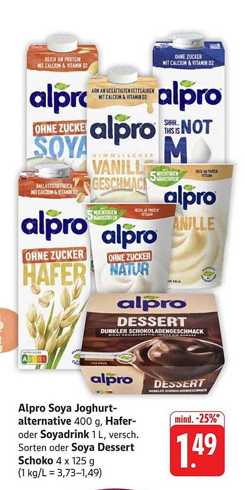 Alpro Soya Joghurt-Alternative 400 g, Hafer- oder Soyadrink 1 L, verschiedene Sorten oder Soya Dessert Schoko 4 x 125 g