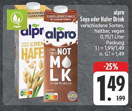Alpro Soya oder Hafer Drink, 0,75 Liter, diverse Sorten