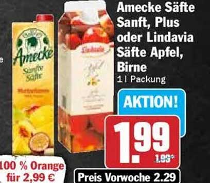 Amecke Säfte Sanft, Plus oder Lindavia Säfte Apfel, Birne 1 l Packung