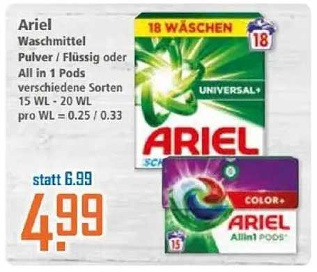 Ariel Waschmittel Pulver / Flüssig oder All in 1 Pods - 15 WL - 20 WL
