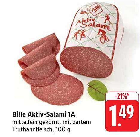 Bille Aktiv-Salami 1A - Mittel Fein Gekörnt mit Zartem Truthahnfleisch, 100 g