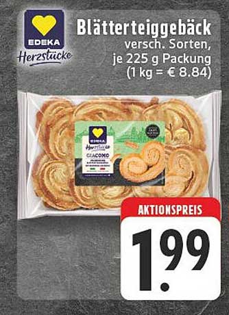 Blätterteiggebäck von EDEKA Herzstücke, verschiedene Sorten, 225 g Packung