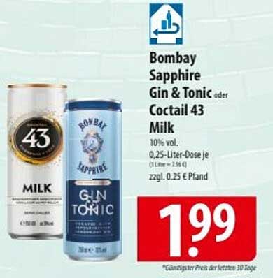 Bombay Sapphire Gin & Tonic oder Coctail 43 Milk