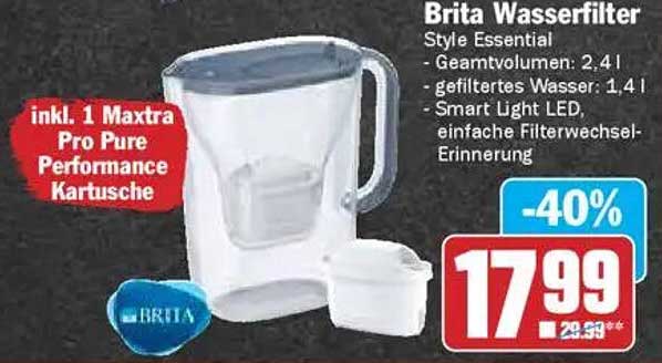 Brita Wasserfilter Style Essential inkl. 1 Maxtra Pro Pure Performance Kartusche