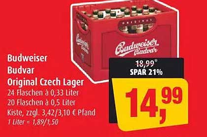 Budweiser Budvar Original Czech Lager - 24 Flaschen à 0,33 Liter oder 20 Flaschen à 0,5 Liter