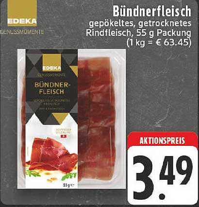 Bündnerfleisch - gepökeltes, getrocknetes Rindfleisch von Edeka