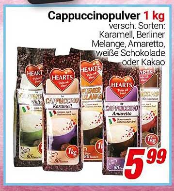 Cappucinopulver 1 kg - verschiedene Sorten: Karamell, Berliner Melange, Amaretto, weiße Schokolade oder Kakao