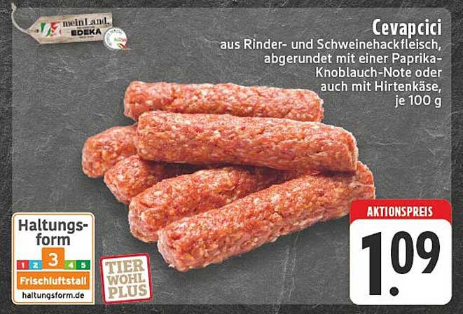 Cevapcici aus Rinder- und Schweinehackfleisch, abgerundet mit einer Paprika-Knoblauch-Note oder mit Hirtenkäse, je 100 g