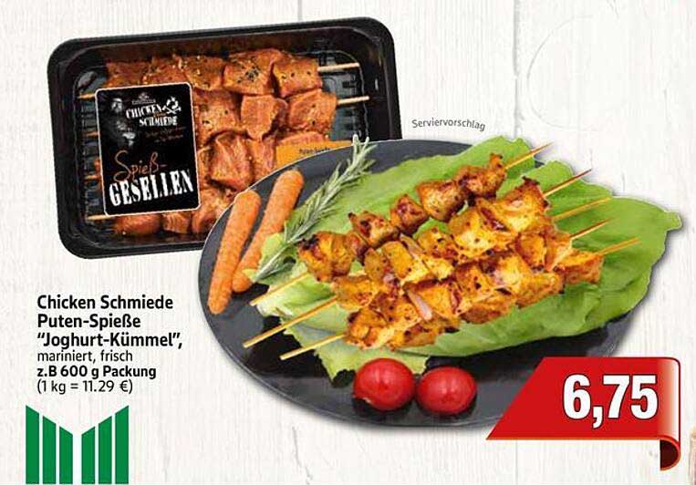 Chicken Schmiede Puten-Spieße "Joghurt-Kümmel", mariniert, frisch 600 g Packung