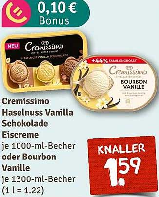 Cremissimo Haselnuss Vanille Schokoladeneiscreme oder Bourbon Vanille