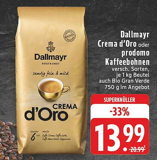 Dallmayr Crema d'Oro oder prodomo Kaffee- bohnen