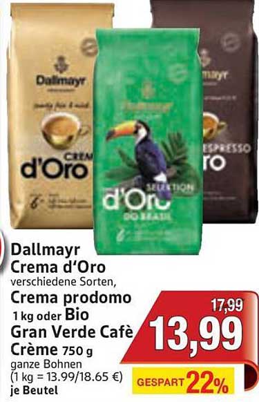 Dallmayr Crema d’Oro – verschiedene Sorten, Crema prodomo, 1 kg oder Bio Gran Verde Café Crème 750 g – ganze Bohnen