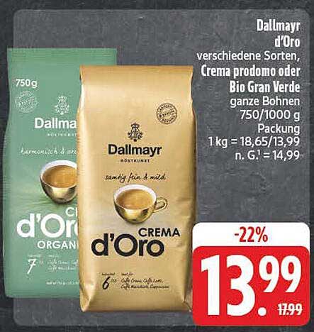 Dallmayr d'Oro, verschiedene Sorten, Crema prodomo oder Bio Gran Verde ganze Bohnen 750/1000 g