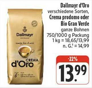 Dallmayr d'Oro verschiedene Sorten, Crema prodomo oder Bio Gran Verde ganze Bohnen 750/1000 g Packung