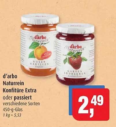 d'arbo Naturerein Konfitüre Extra oder passiert verschiedene Sorten 450-g-Glas