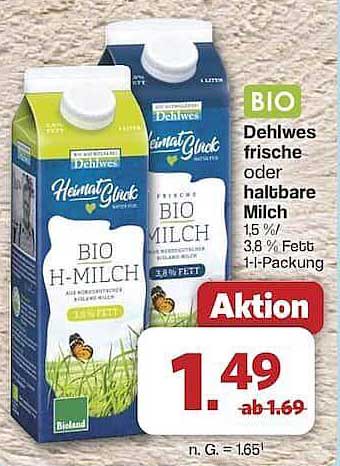 Dehlwes frische oder halbfette BIO-H-Milch 1,5 % | 3,8 % Fett | 1 l-Packung