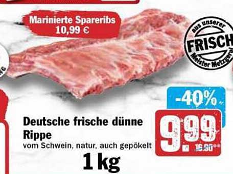 Deutsche frische dünne Rippe vom Schwein, natur, auch gepökelt - 1 kg