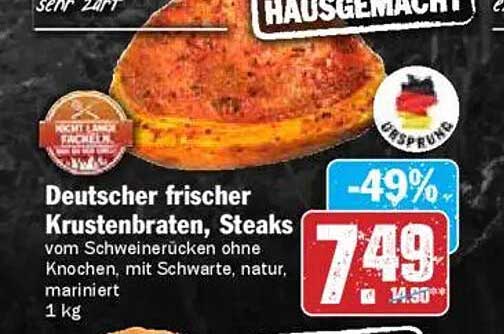 Deutscher frischer Krustenbraten, Steaks vom Schweinerücken ohne Knochen, mit Schwarte, natur, mariniert 1 kg