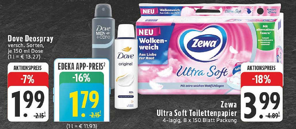 Dove Deospray und Zewa Ultra Soft Toilettenpapier