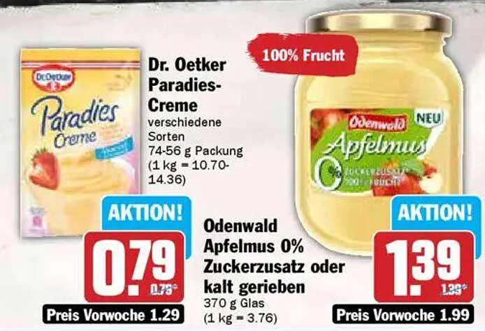 Dr. Oetker Paradies-Creme und Odenwald Apfelmus 0% Zuckerzusatz oder kalt gerieben