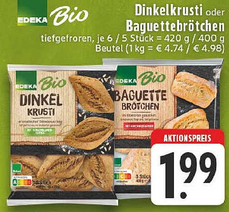 EDEKA Bio Dinkelkrusti oder Baguettebrötchen - Tiefgefroren, je 6/5 Stück