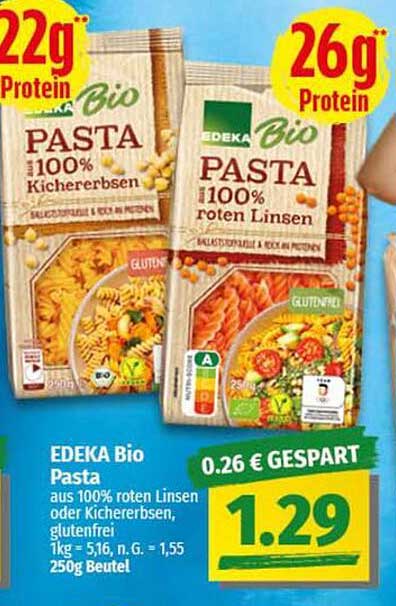 EDEKA Bio Pasta 100% aus roten Linsen oder Kichererbsen, glutenfrei