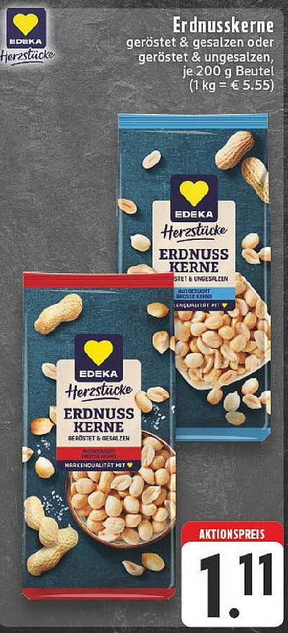 Edeka Erdnüsse (geröstet & gesalzen oder geröstet & ungesalzen), je 200 g Beutel