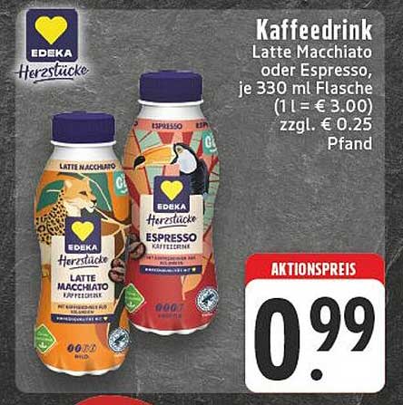 EDEKA Herzstücke Kaffeegetränk – Latte Macchiato oder Espresso, je 330 ml Flasche