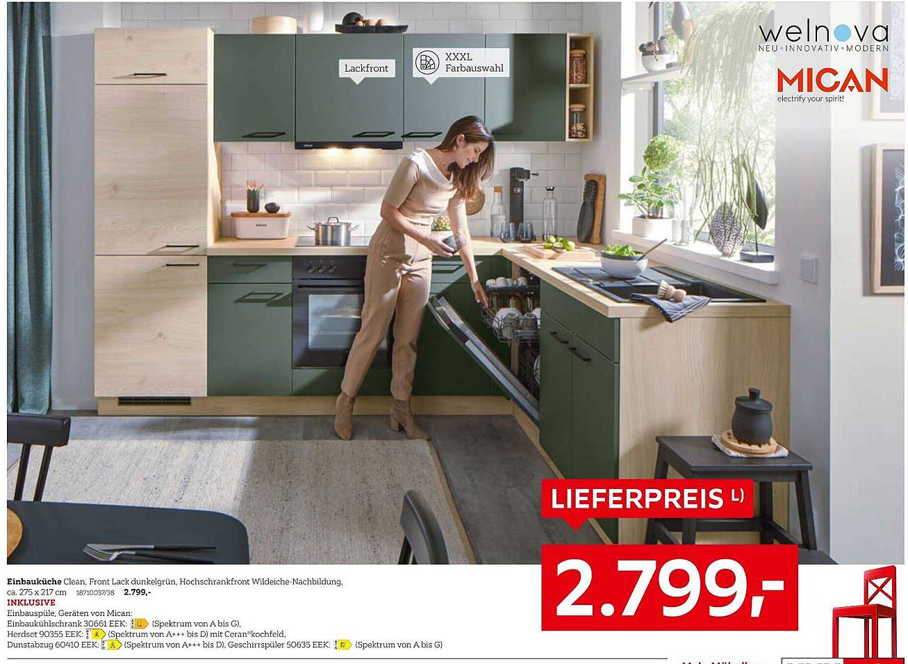 Einbauküche Clean – Dunkelgrün mit Wildleiche-Nachbildung