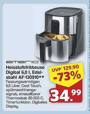 emerio Heißluftfritteuse Digital 6,0 l, Edelstahl AF-130910