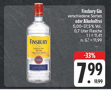 Finsbury Gin verschiedene Sorten oder Alkoholfrei 0,00–37,5% Vol. 0,7 Liter Flasche