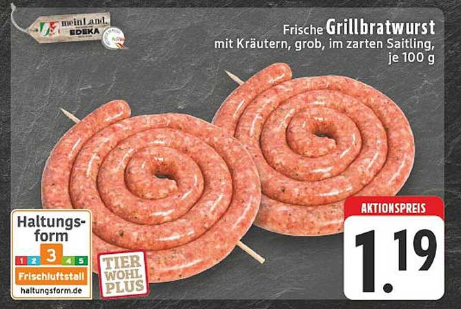 Frische Grillbratwurst mit Kräutern, grob, im zarten Saitling, je 100 g