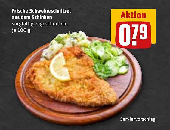 Frische Schweineschnitzel aus dem Schinken, sorgfältig zugeschnitten, je 100 g
