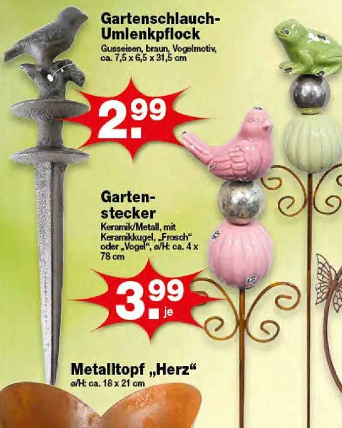 Gartenschlauch-Umlenkpflock, Gartenstecker und Metalltopf 'Herz'