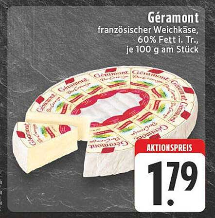 Géramont französischer Weichkäse, 60% Fett i. Tr., je 100 g am Stück