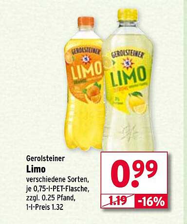 Gerolsteiner Limo - verschiedene Sorten, je 0,75-l-PET-Flasche