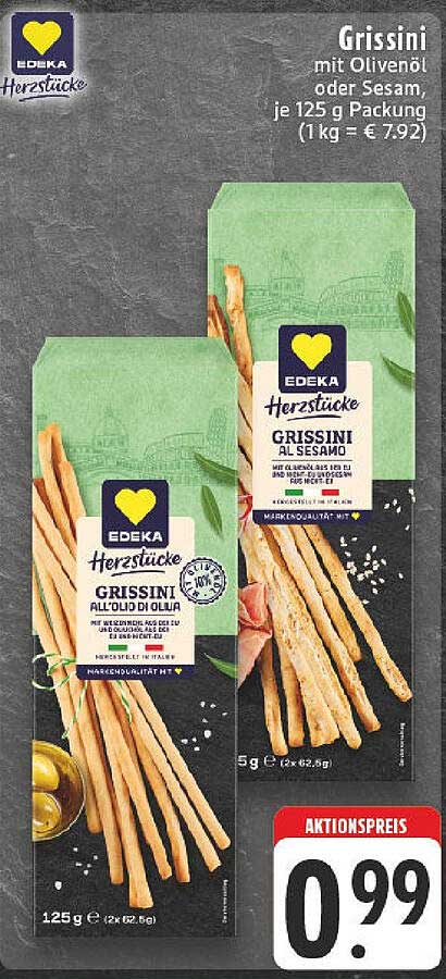 Grissini mit Olivenöl oder Sesam, je 125 g Packung