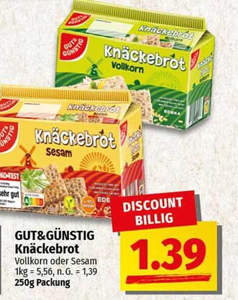 GUT& GÜNSTIG Knäckebrot Vollkorn oder Sesam 250g