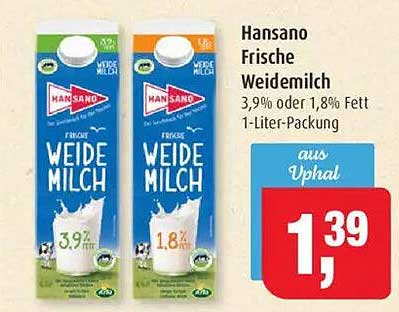 Hansano Frische Weidemilch 1L – 3,9% oder 1,8% Fett