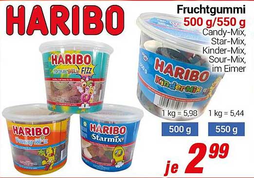 HARIBO Fruchtgummi 500 g/550 g - Candy-Mix, Star-Mix, Kinder-Mix, Sour-Mix, im Eimer