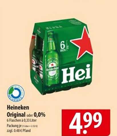 Heineken Original oder 0,0% - 6 Flaschen a 0,33 Liter