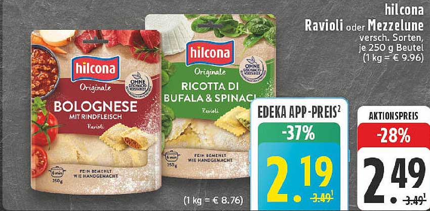 hilcona Ravioli oder Mezzelune - verschiedene Sorten, je 250 g Beutel