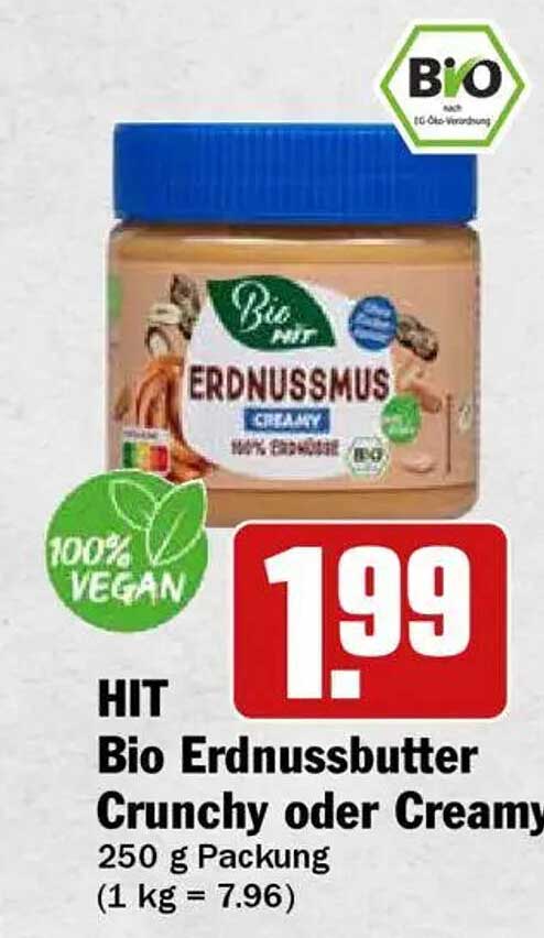 HIT Bio Erdnussbutter Crunchy oder Creamy 250 g