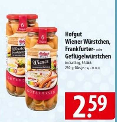 Hofgut Wiener Würstchen, Frankfurter- oder Geflügelwürstchen im Salzwasser, 250-g-Glas, 6 Stück