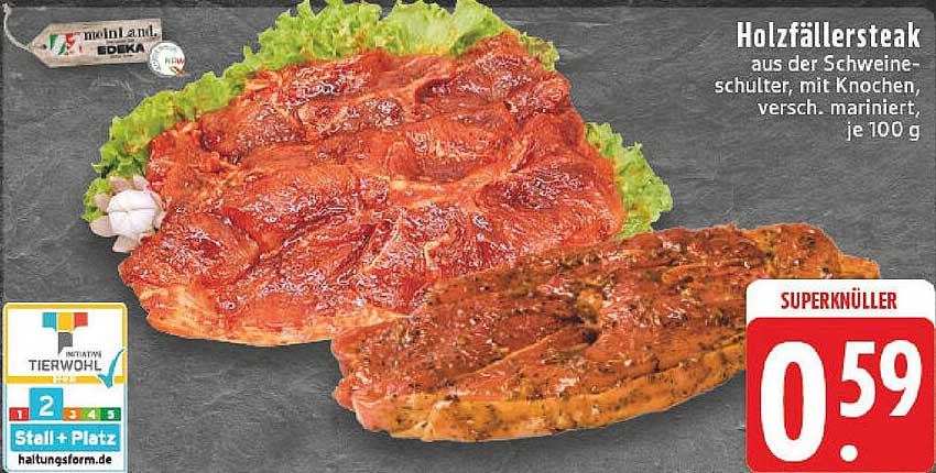 Holzfällersteak aus der Schweineschulter, mit Knochen, verschieden mariniert, je 100 g