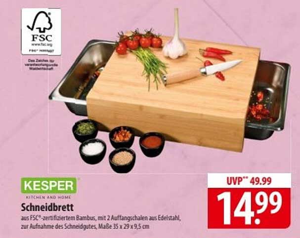 Kesper Schneidbrett aus FSC-zertifiziertem Bambus mit 2 Auffangschalen