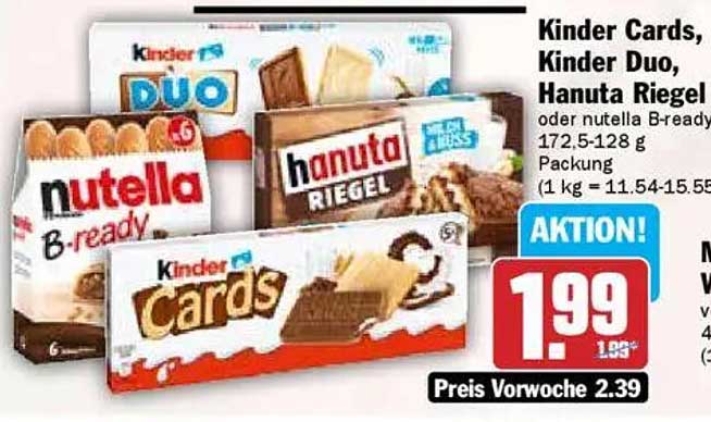 Kinder Cards, Kinder Duo, Hanuta Riegel oder nutella B-ready