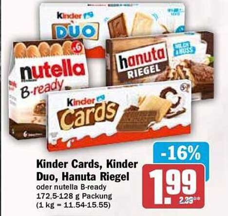 Kinder Cards, Kinder Duo, Hanuta Riegel oder nutella B-ready